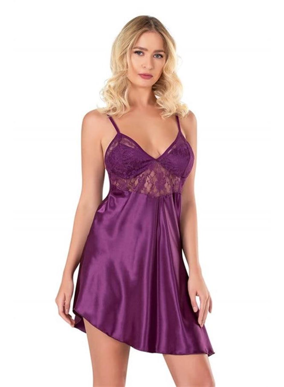 Mor Kısa Saten Gecelik
