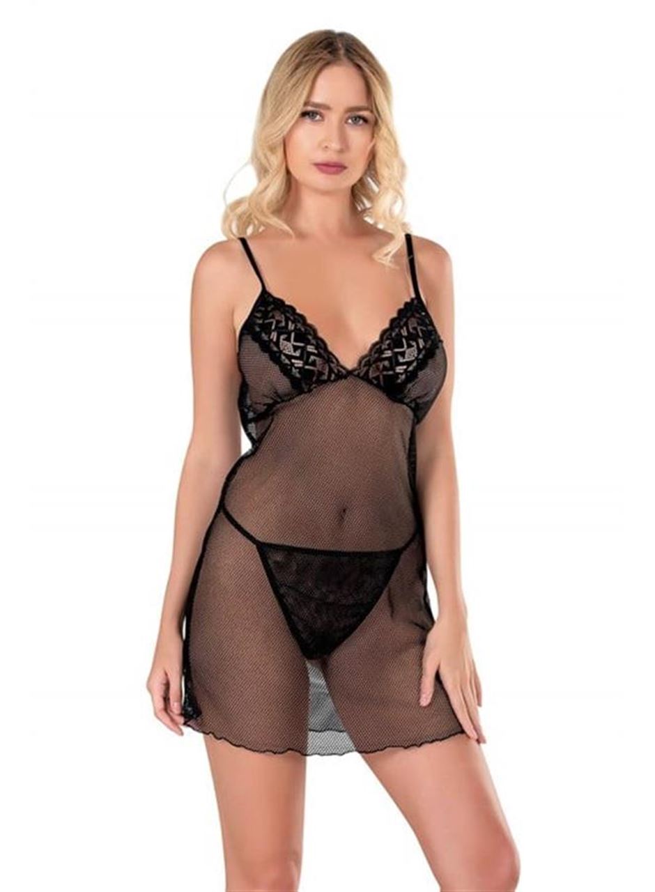 Siyah Kısa File-Tül Gecelik 8124