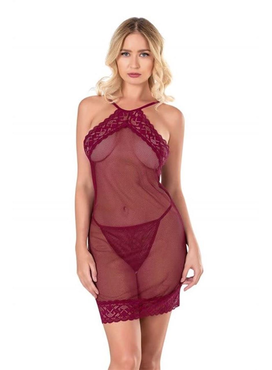 Bordo Kısa File-Tül Gecelik 8132