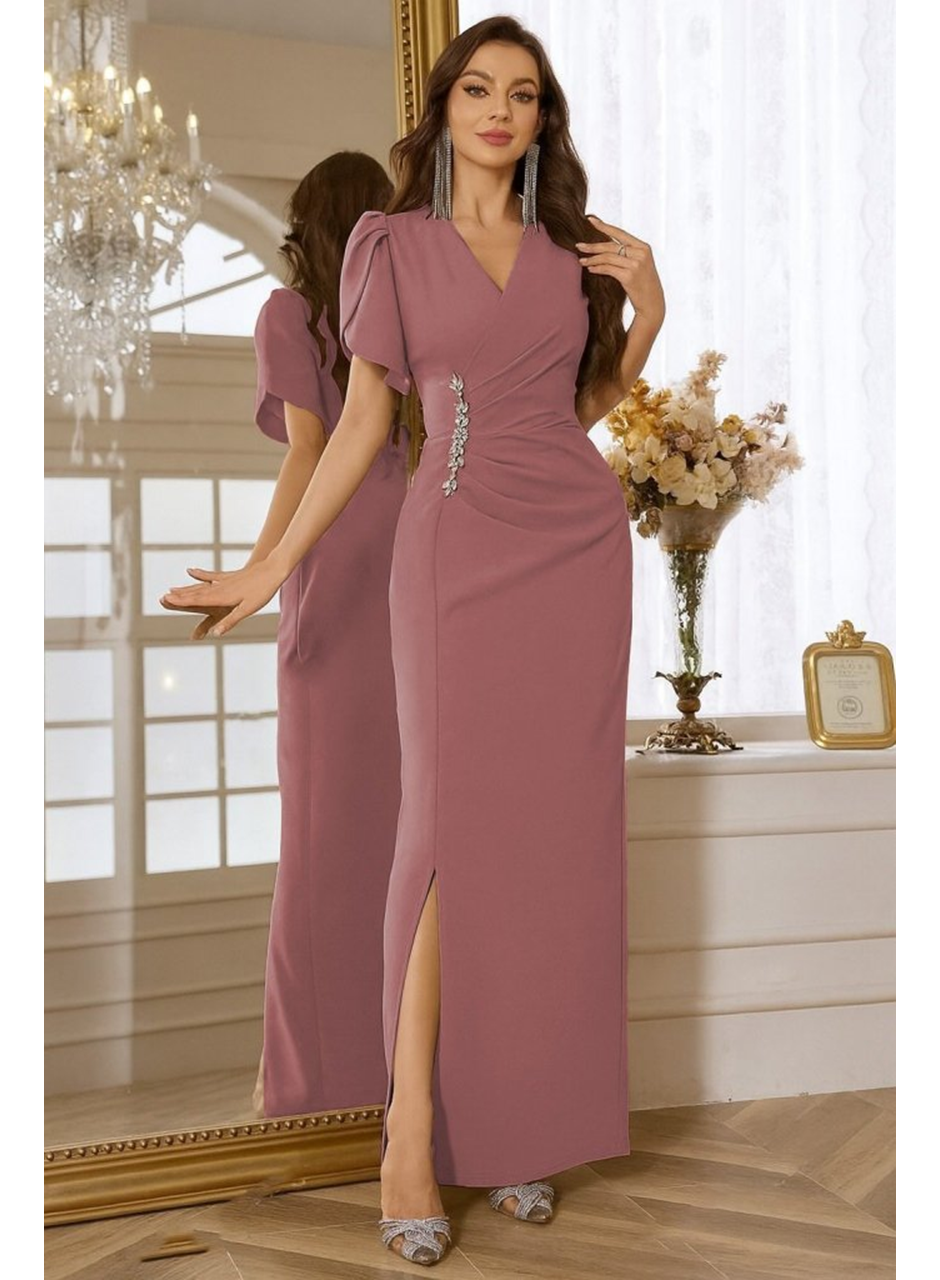 Kadın Kısa Kollu Kruvaze Yakalı Belden çiçek Aksesuarlı Yırtmaçlı Ithal Krep Elbise