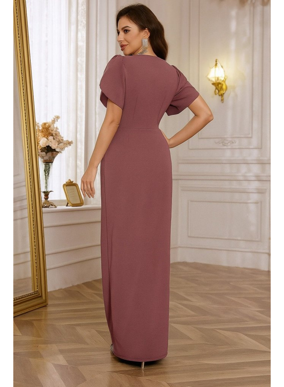 Kadın Kısa Kollu Kruvaze Yakalı Belden çiçek Aksesuarlı Yırtmaçlı Ithal Krep Elbise