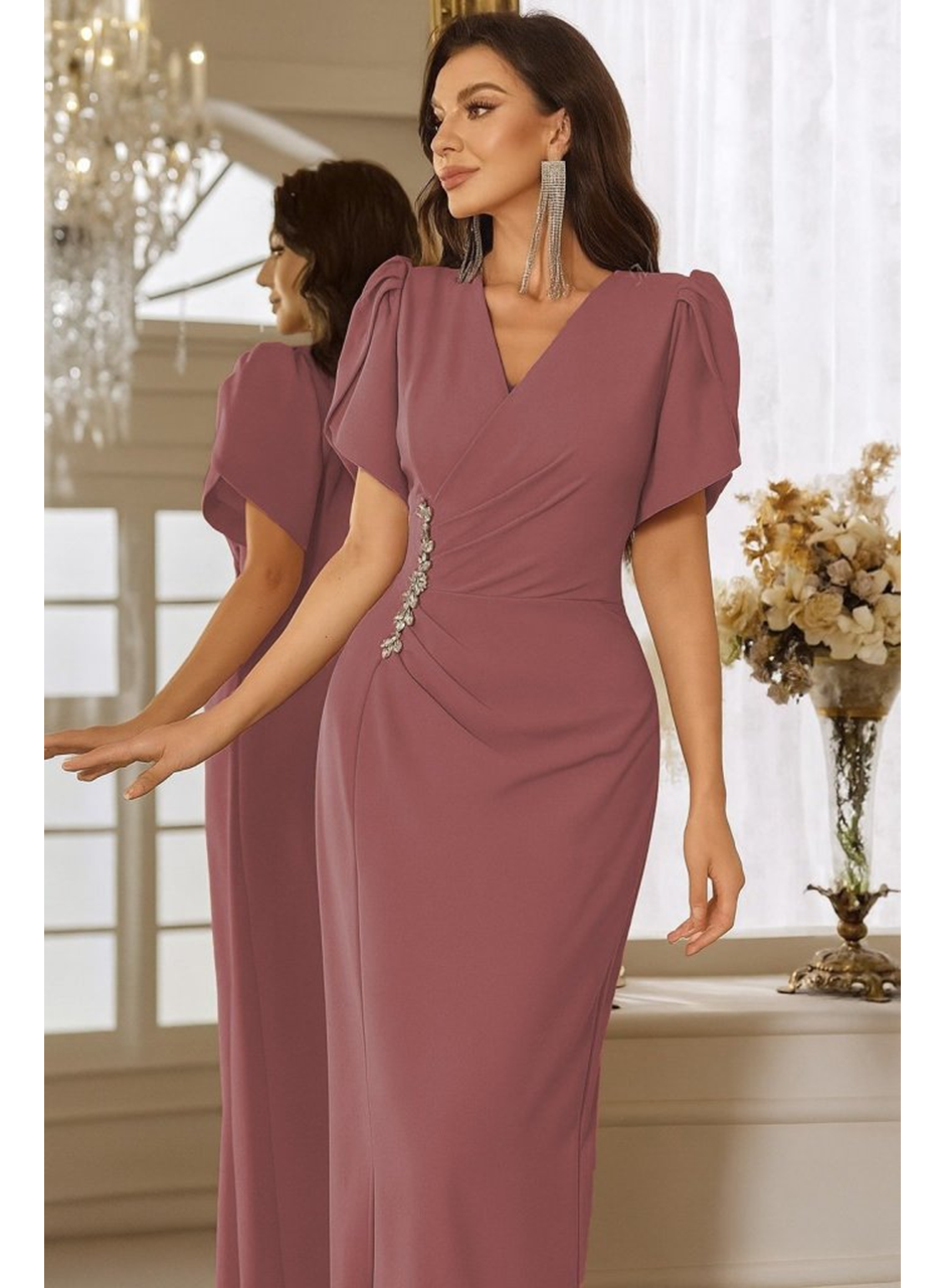 Kadın Kısa Kollu Kruvaze Yakalı Belden çiçek Aksesuarlı Yırtmaçlı Ithal Krep Elbise