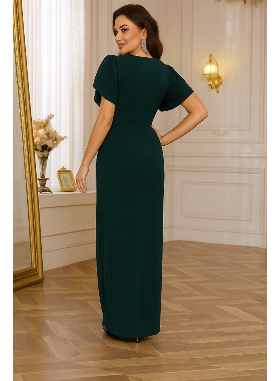 Kadın Kısa Kollu Kruvaze Yakalı Belden çiçek Aksesuarlı Yırtmaçlı Ithal Krep Elbise