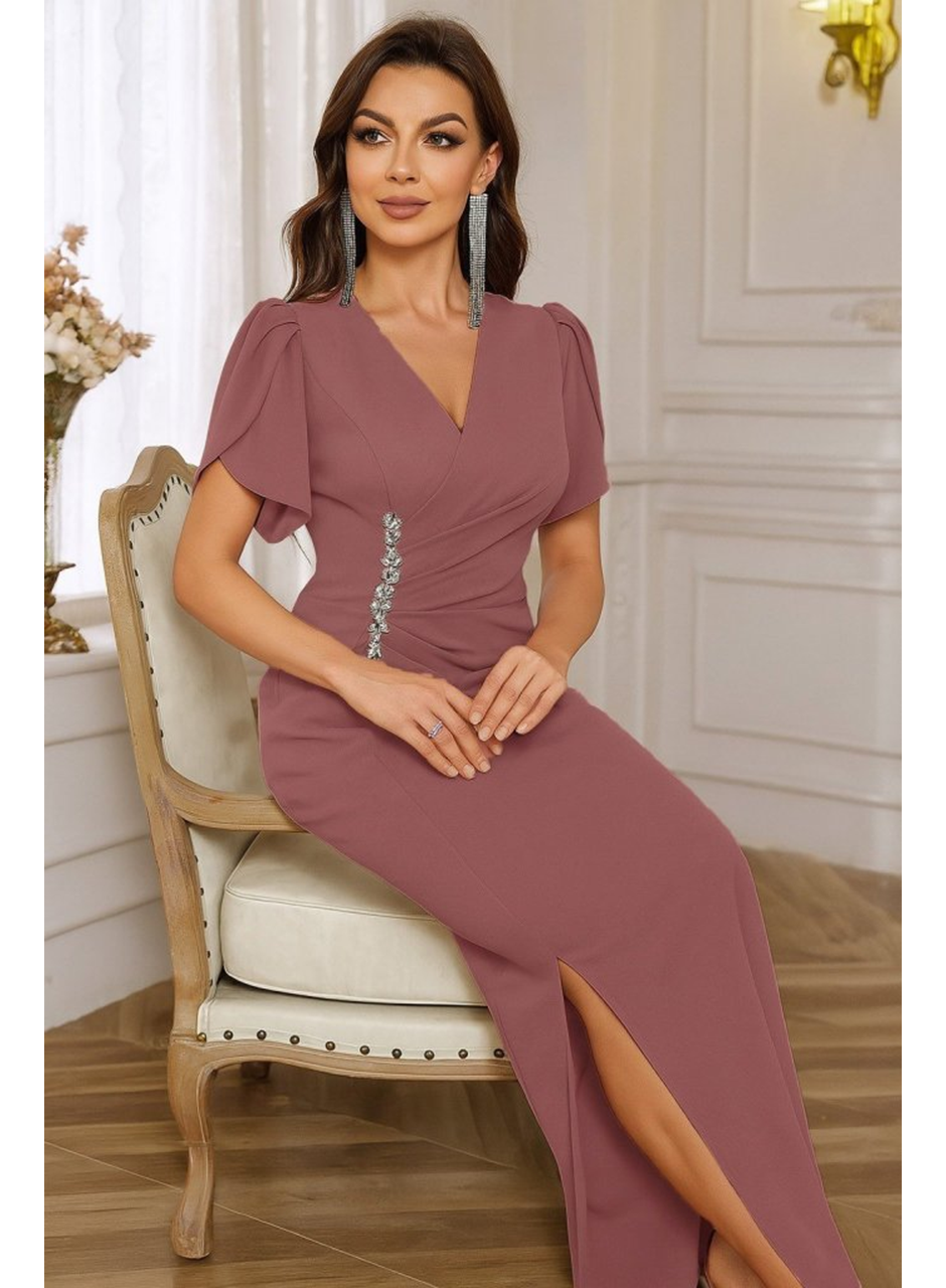 Kadın Kısa Kollu Kruvaze Yakalı Belden çiçek Aksesuarlı Yırtmaçlı Ithal Krep Elbise