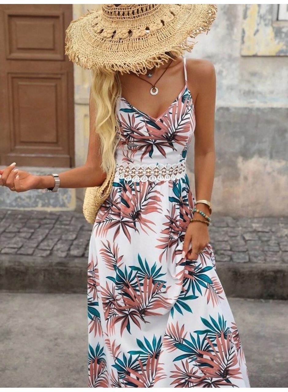 Kadın Ip Askılı V Yakalı Beli Dantelli Uzun Süprem Elbise