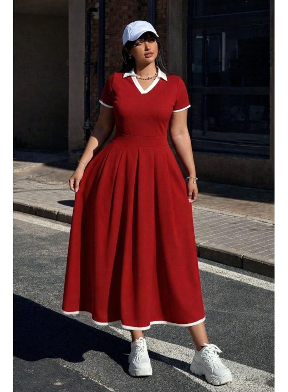 Kadın Kısa Kollu V Yakalı Pileli Uzun Janjan Krep Elbise