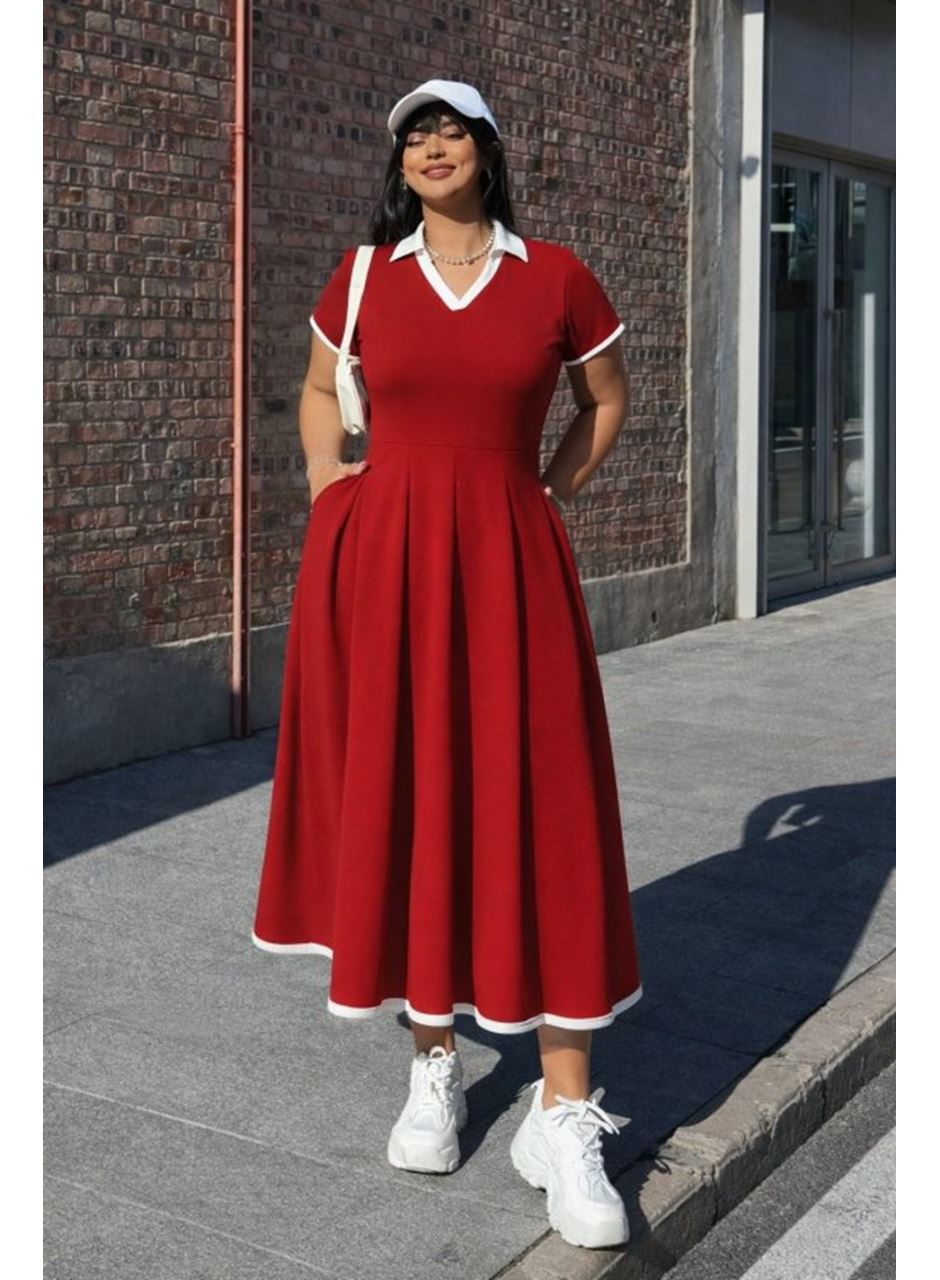 Kadın Kısa Kollu V Yakalı Pileli Uzun Janjan Krep Elbise