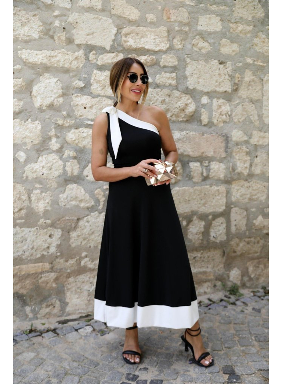 Kadın Tek Omuzu Açık Omuzlardan Kurdela Detaylı çift Renkli Ithal Krep Elbise