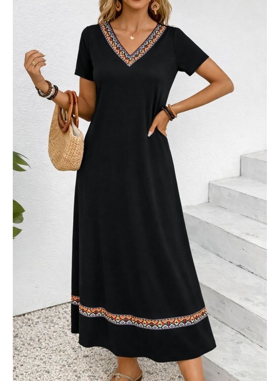 Kadın Kısa Kollu V Yakalı Etnik şerit Detaylı Uzun Viskon