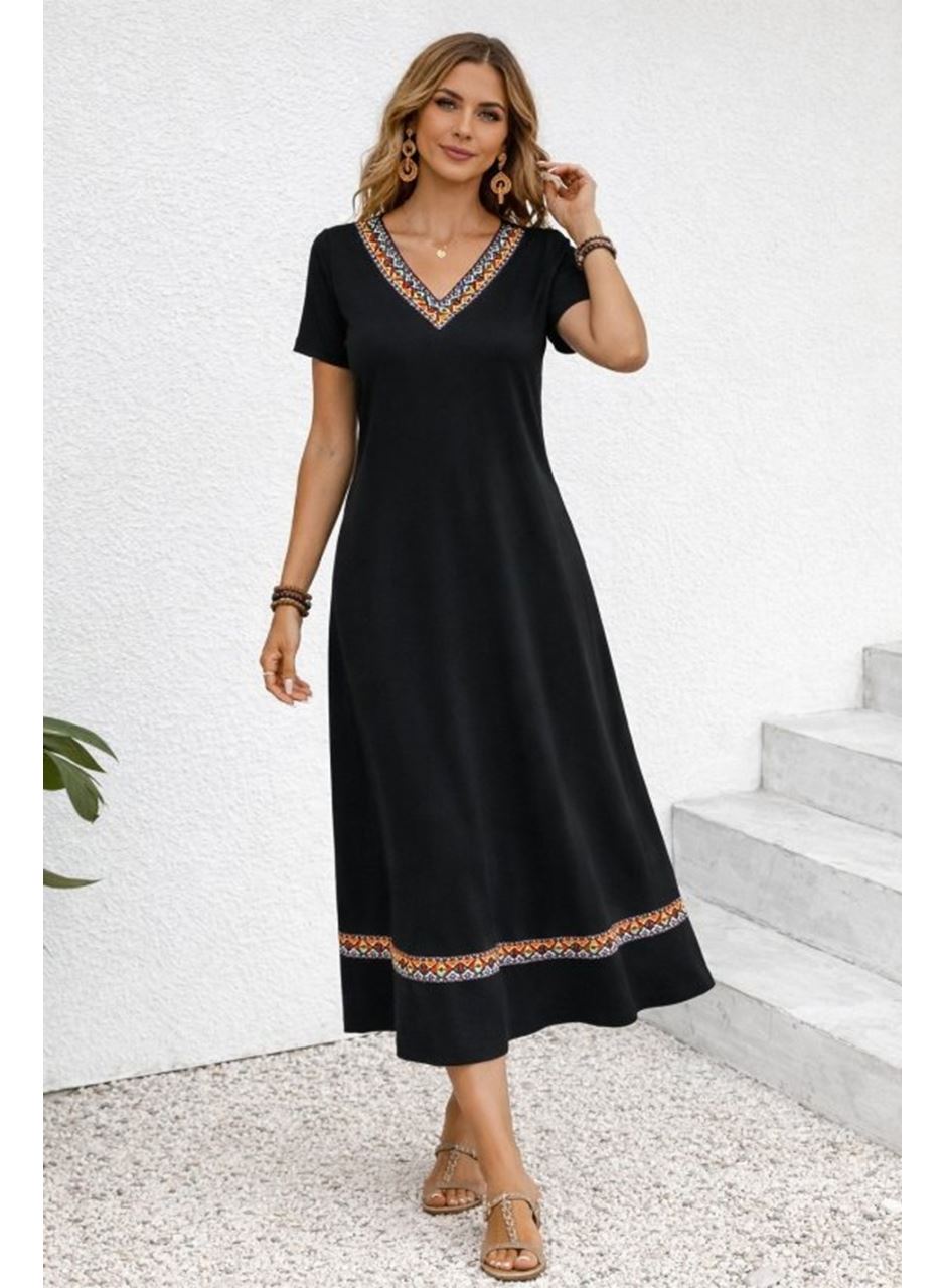 Kadın Kısa Kollu V Yakalı Etnik şerit Detaylı Uzun Viskon