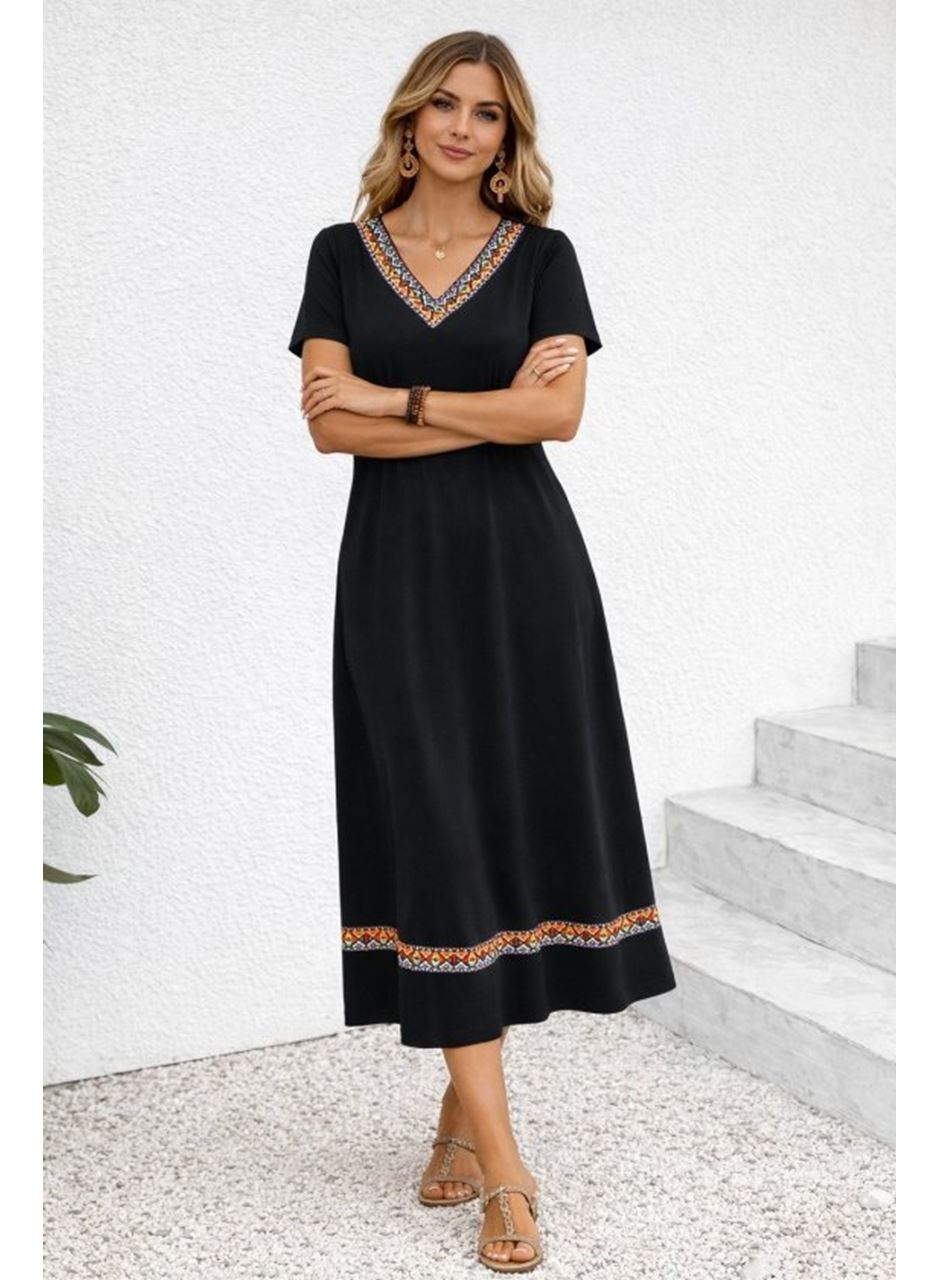 Kadın Kısa Kollu V Yakalı Etnik şerit Detaylı Uzun Viskon