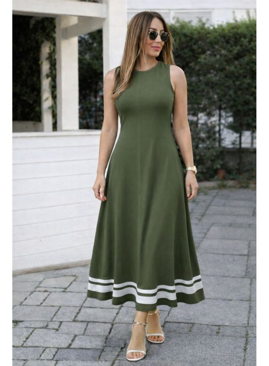 Kadın Askılı Yuvarlak Yakalı Etek Ucu şerit Detaylı Uzun Viskon Elbise