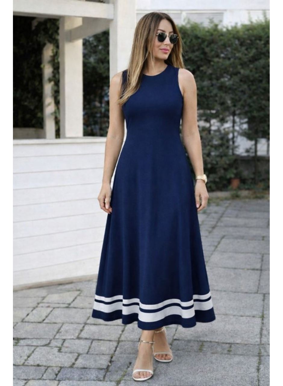 Kadın Askılı Yuvarlak Yakalı Etek Ucu şerit Detaylı Uzun Viskon Elbise