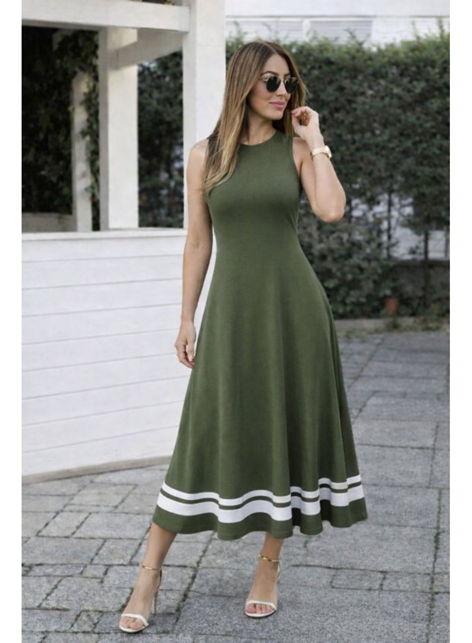 Kadın Askılı Yuvarlak Yakalı Etek Ucu şerit Detaylı Uzun Viskon Elbise