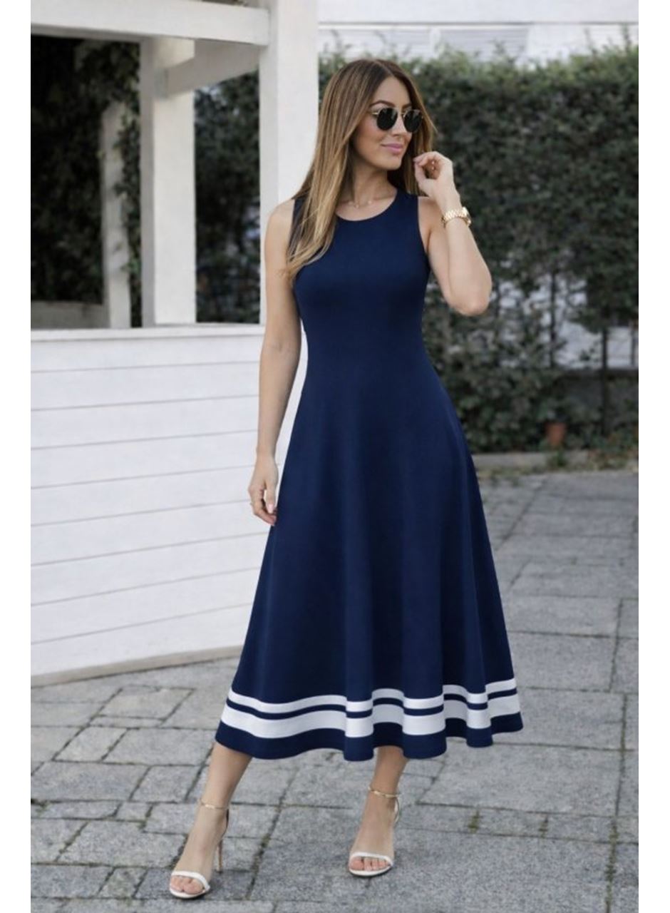 Kadın Askılı Yuvarlak Yakalı Etek Ucu şerit Detaylı Uzun Viskon Elbise