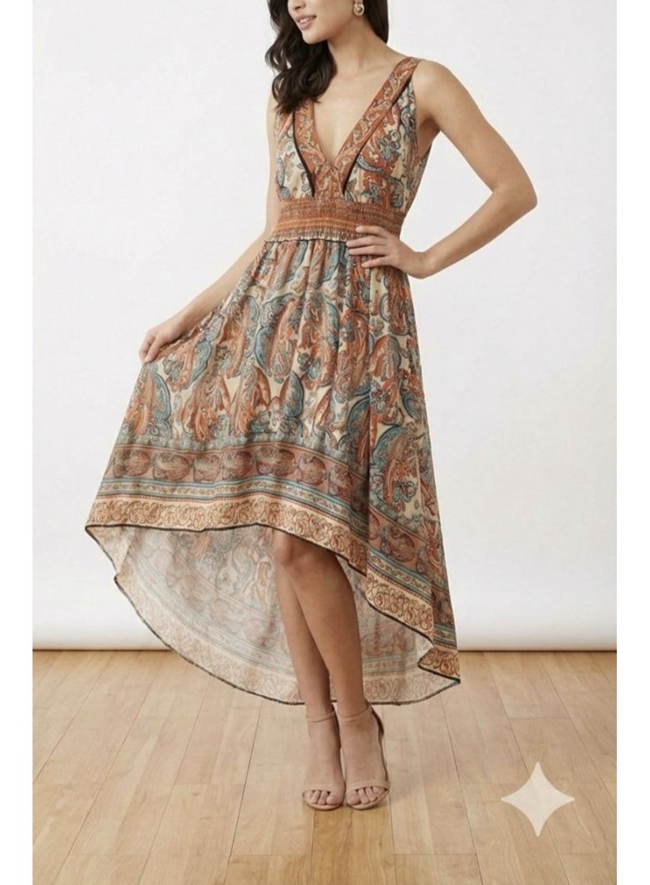 Kadın Askılı Derin Göğüs Detaylı Asimetrik Detaylı Süprem Elbise