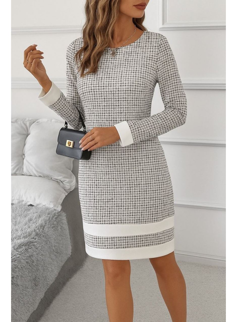 Kadın Uzun Kollu Yuvarlak Yaka Etek Ucu şerit Detaylı Mini Dokuma Elbise