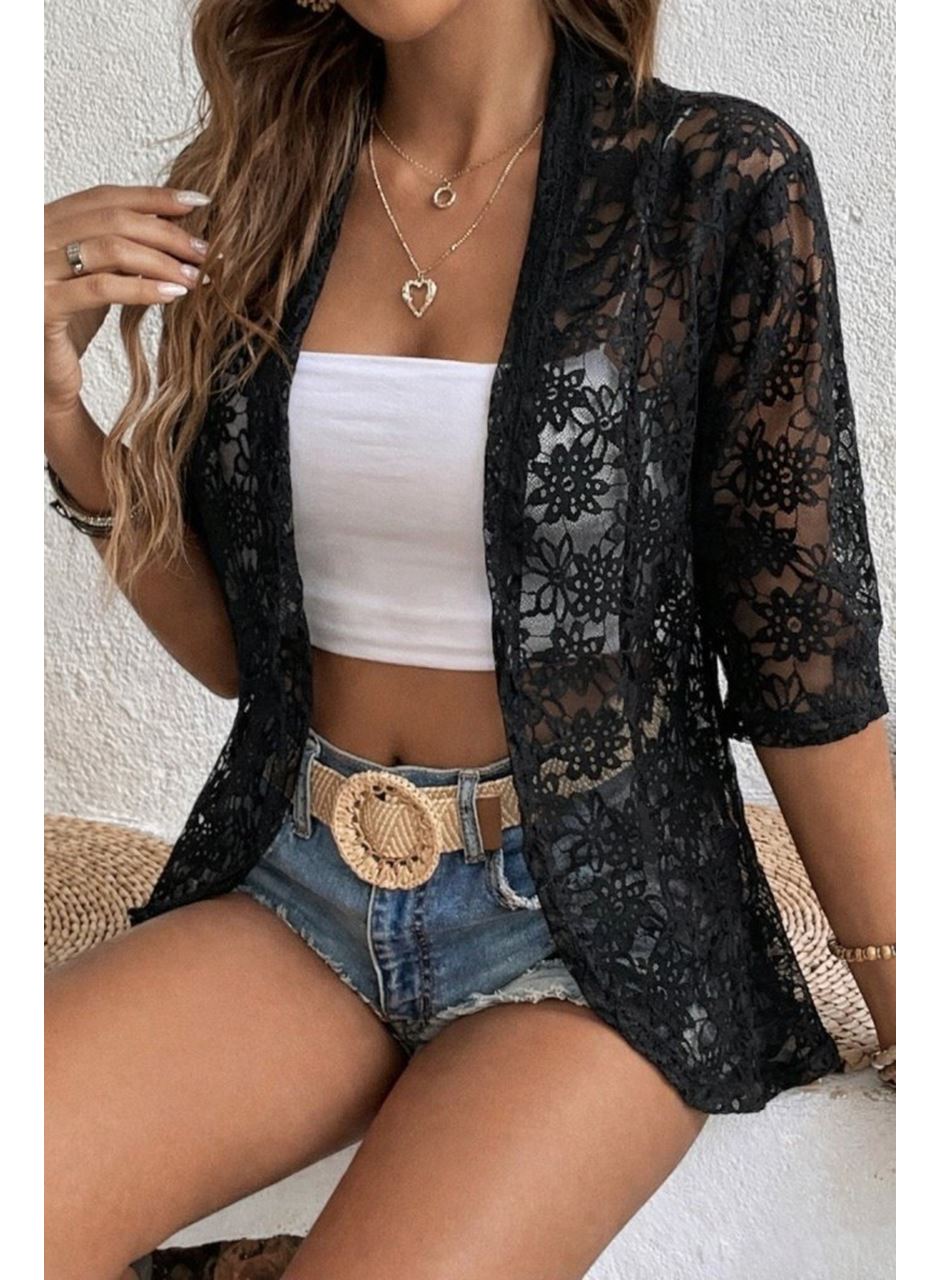 Kadın Kısa Kollu önü Açık Dantelli Ceket