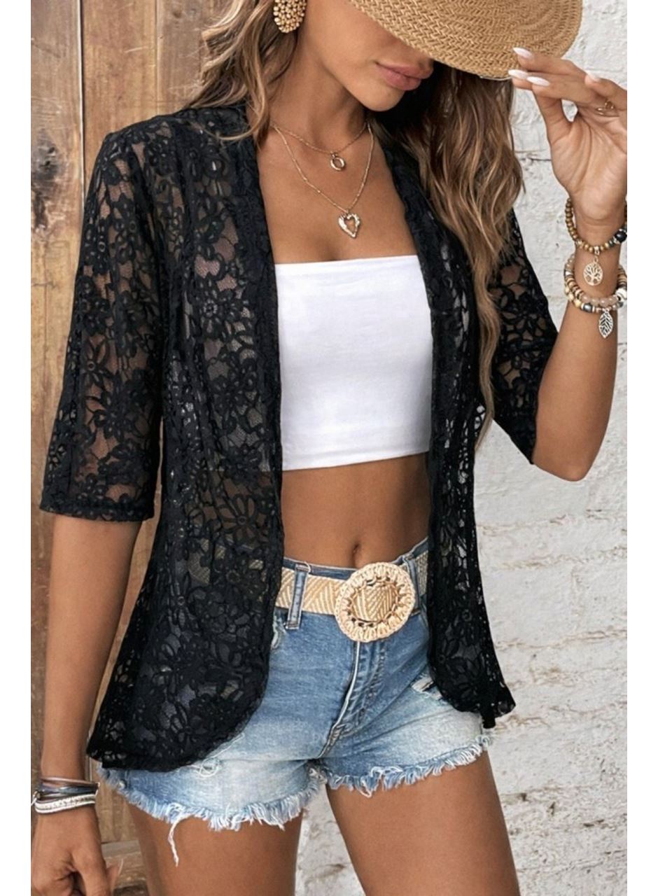 Kadın Kısa Kollu önü Açık Dantelli Ceket