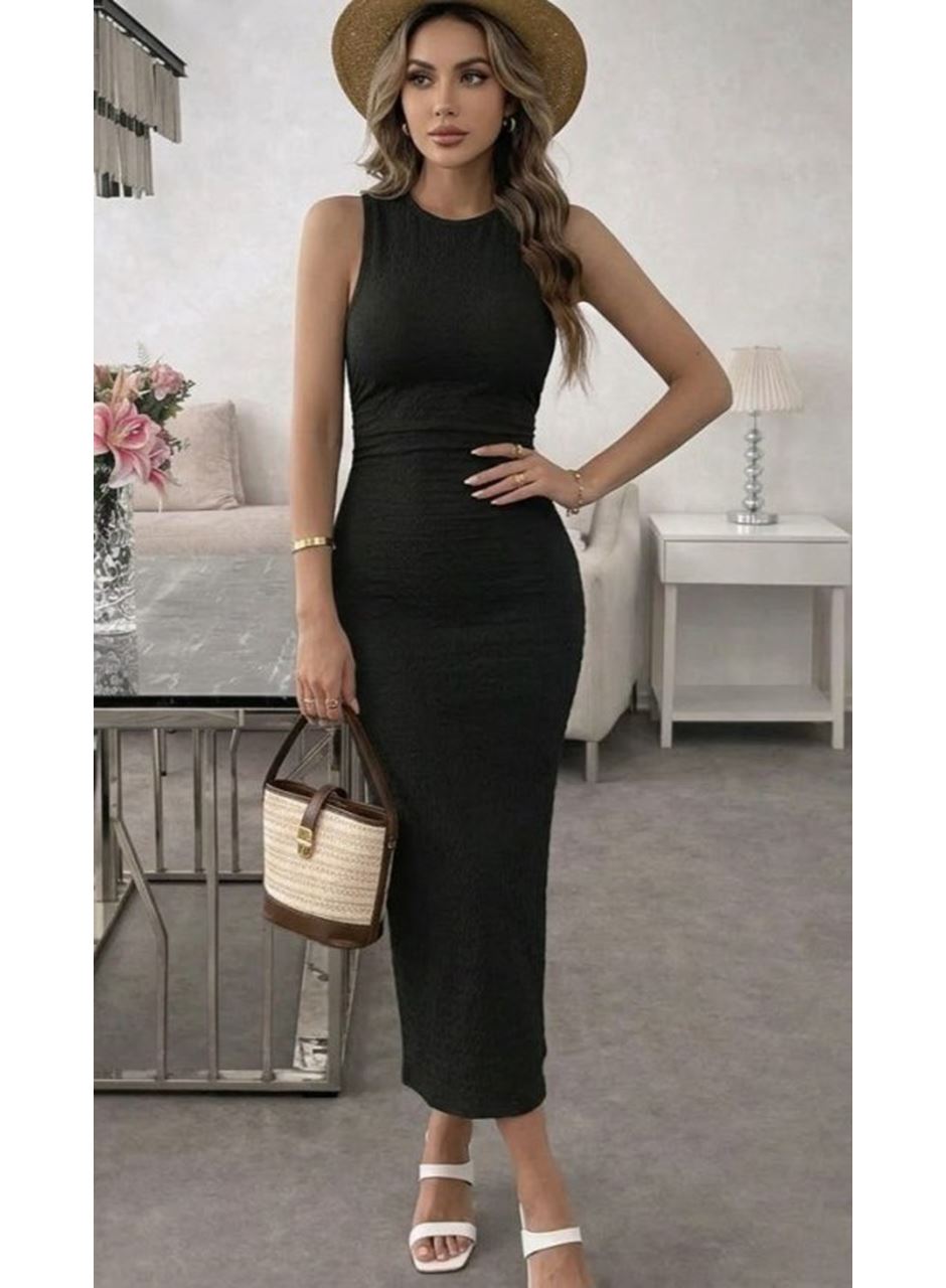 Kadın Askılı Bisiklet Yaka Beli Büzgülü Uzun Bürümcük Elbise