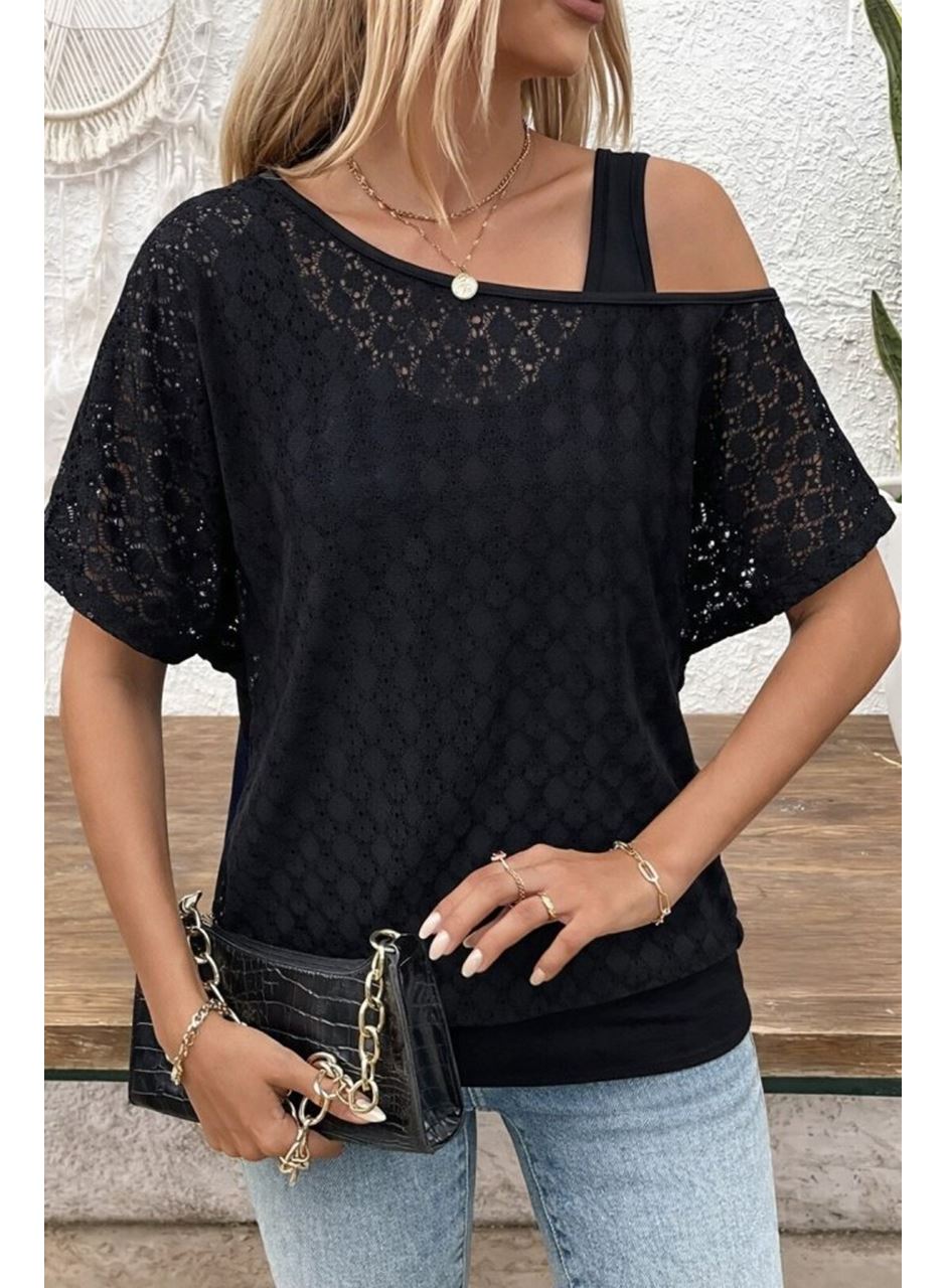 Kadın Askılı Yuvarlak Yaka Viskon Atlet Ve Yarasa Kollu Omuzdan Açık Dantel Bluz Ikili Takım