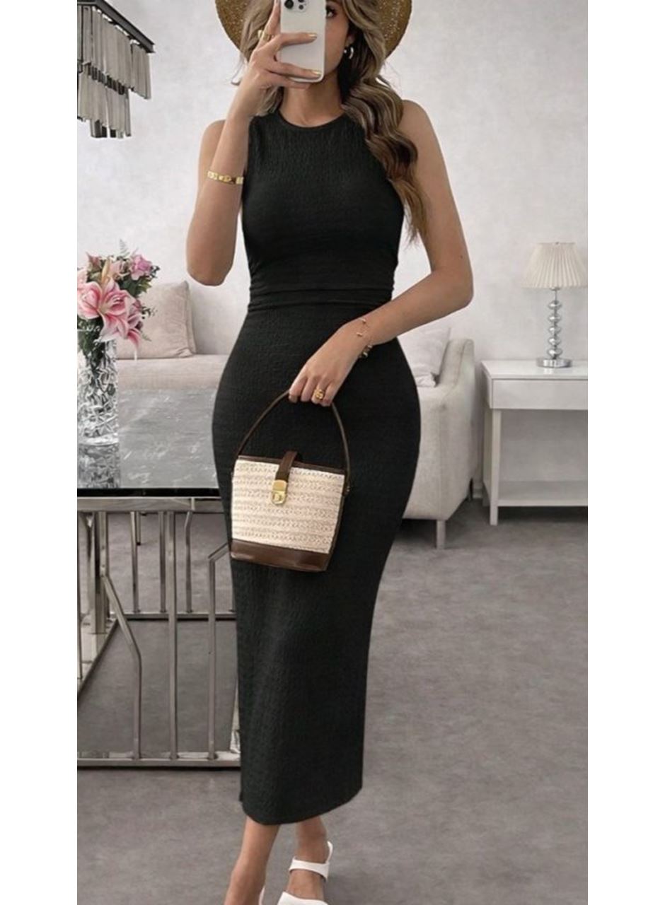 Kadın Askılı Bisiklet Yaka Beli Büzgülü Uzun Bürümcük Elbise