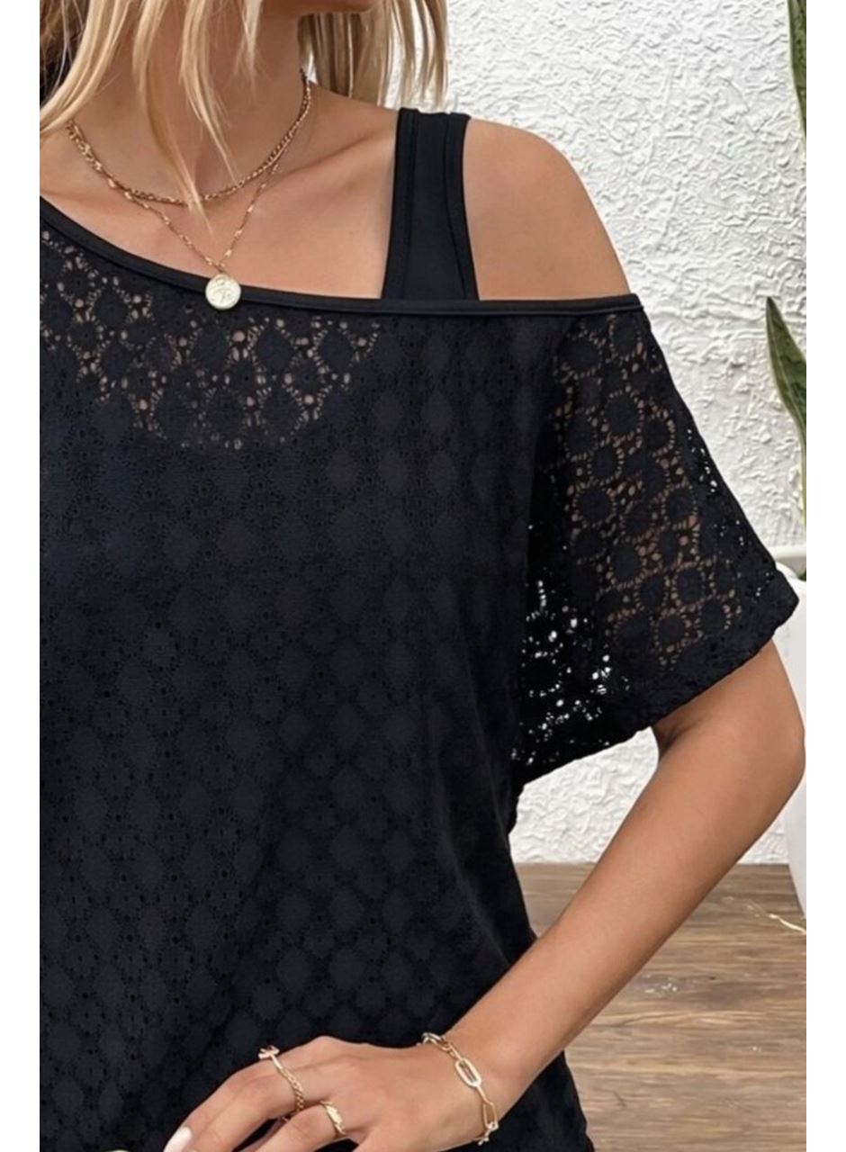 Kadın Askılı Yuvarlak Yaka Viskon Atlet Ve Yarasa Kollu Omuzdan Açık Dantel Bluz Ikili Takım