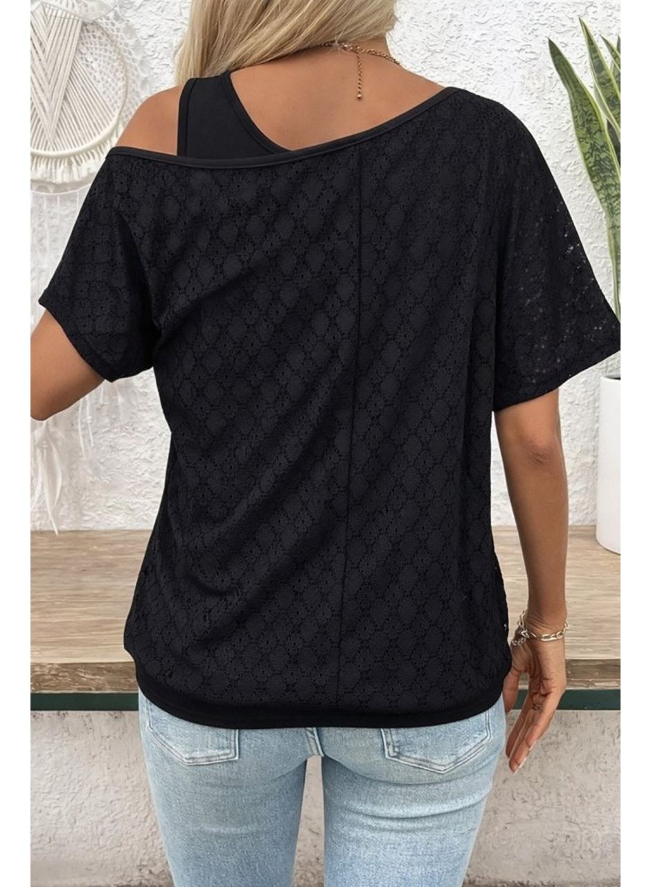 Kadın Askılı Yuvarlak Yaka Viskon Atlet Ve Yarasa Kollu Omuzdan Açık Dantel Bluz Ikili Takım