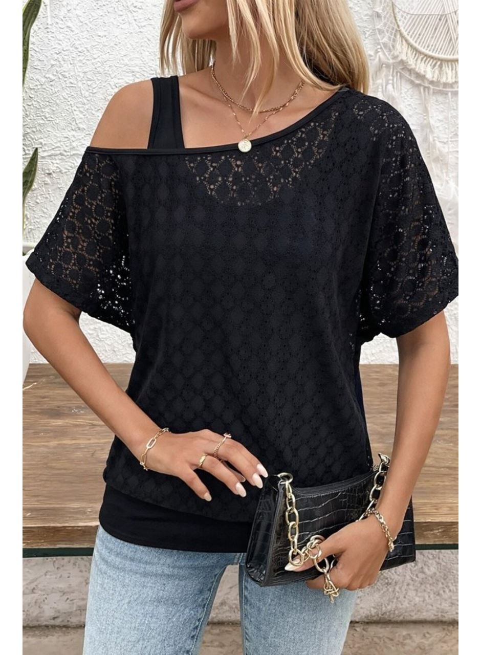 Kadın Askılı Yuvarlak Yaka Viskon Atlet Ve Yarasa Kollu Omuzdan Açık Dantel Bluz Ikili Takım