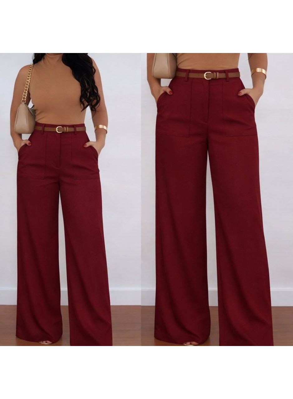 Kadın Yüksek Bel Geniş Paça Detaylı Cepli Ithal Krep Pantolon