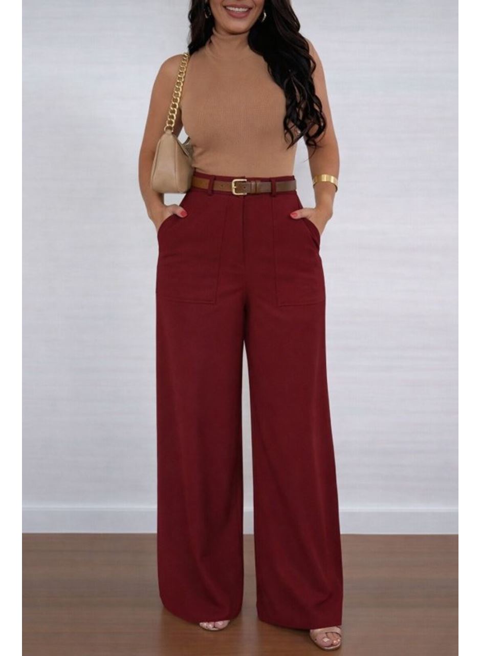 Kadın Yüksek Bel Geniş Paça Detaylı Cepli Ithal Krep Pantolon