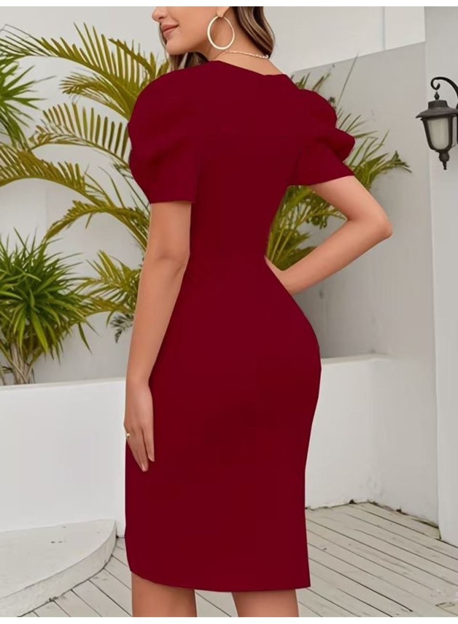Kadın Kısa Kollu Kruvaze Yakalı Asımetrık Kesım Detaylı Kısa Ithal Krep Elbise