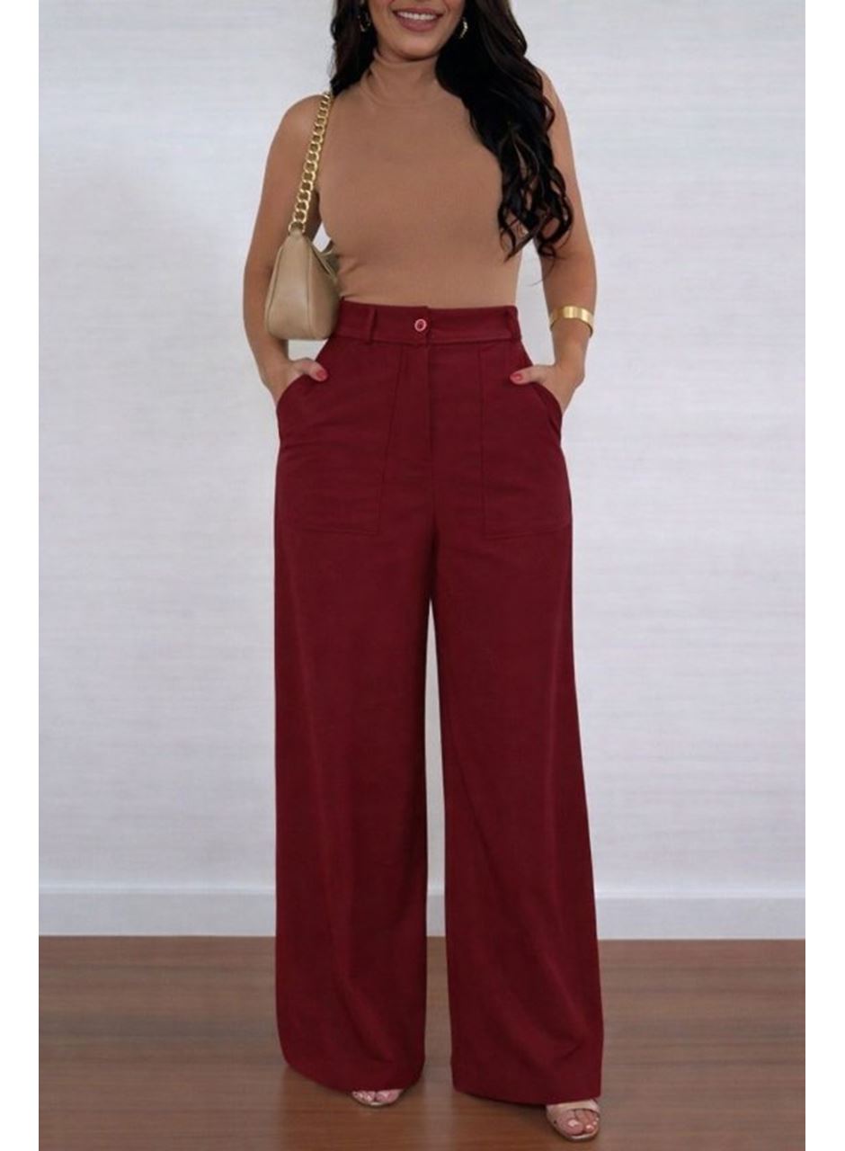 Kadın Yüksek Bel Geniş Paça Detaylı Cepli Ithal Krep Pantolon