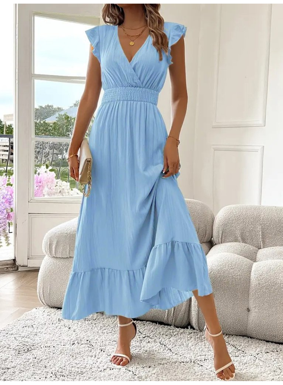 Kadın Kısa Kollu Kruvaze Yakalı Beli Lastikli Müslim Elbise