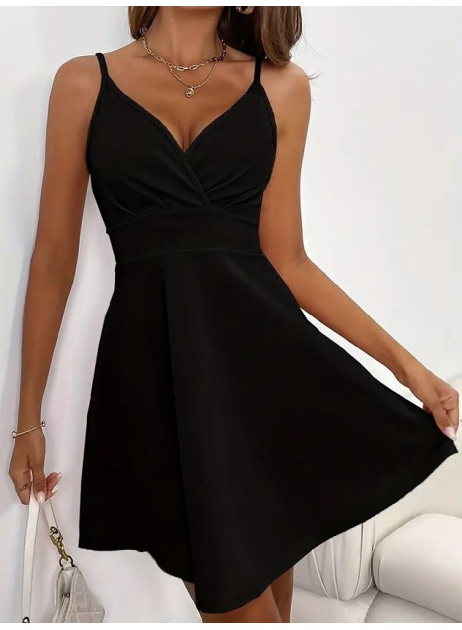 Kadın Ip Askılı Kruvaze Yakalı Kısa ıthal Krep Elbise