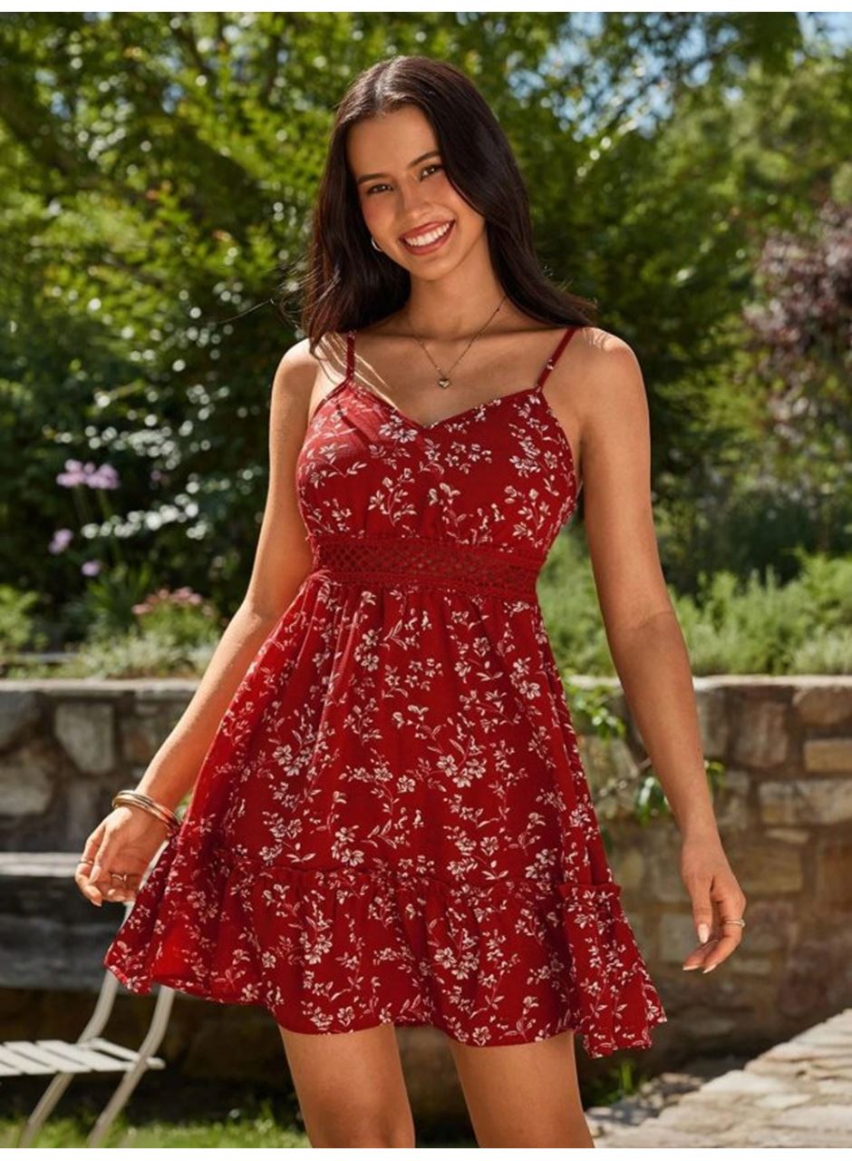 Kadın Ip Askılı V Yakalı Kısa Desenli Süprem Elbise