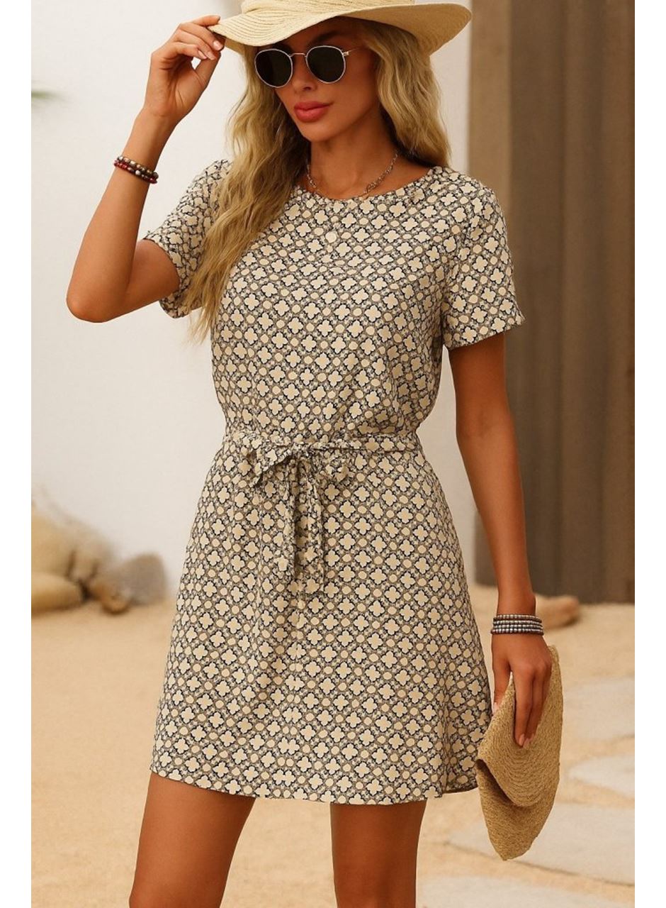 Kadın Kısa Kollu Yuvarlak Yaka Beli Kuşaklı Geometrik Desenli Süprem Elbise