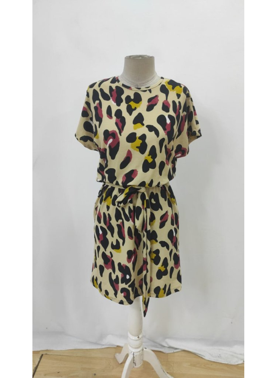 Kadın Kısa Kollu Yuvarlak Yaka Beli Kuşaklı Geometrik Desenli Süprem Elbise