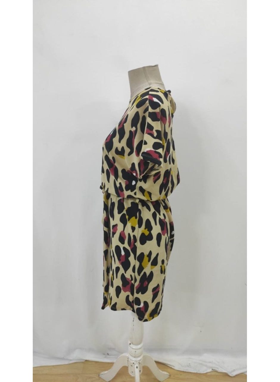 Kadın Kısa Kollu Yuvarlak Yaka Beli Kuşaklı Geometrik Desenli Süprem Elbise