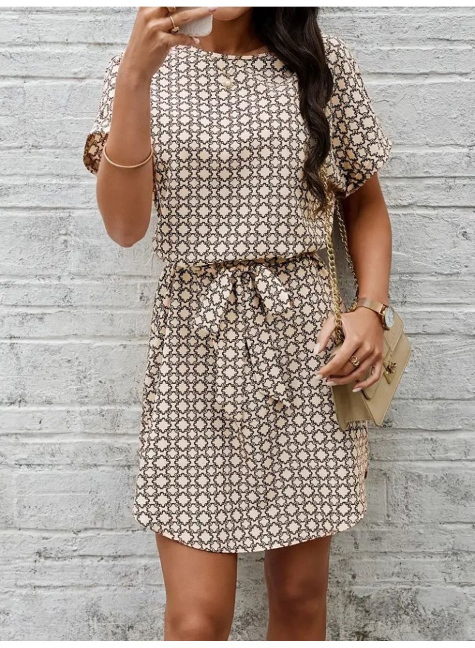 Kadın Kısa Kollu Yuvarlak Yaka Beli Kuşaklı Geometrik Desenli Süprem Elbise