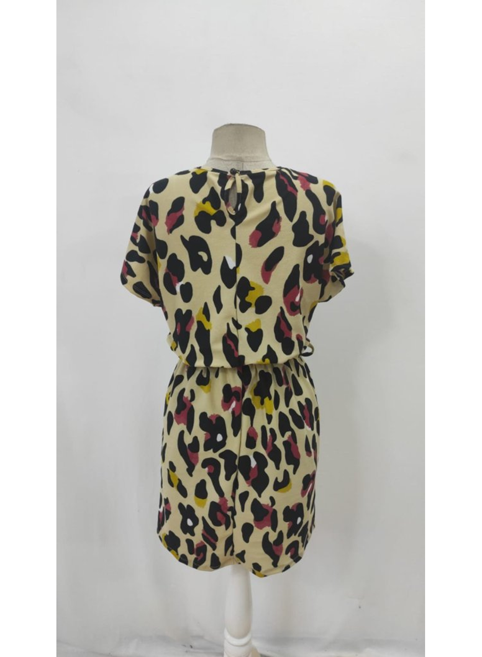 Kadın Kısa Kollu Yuvarlak Yaka Beli Kuşaklı Geometrik Desenli Süprem Elbise