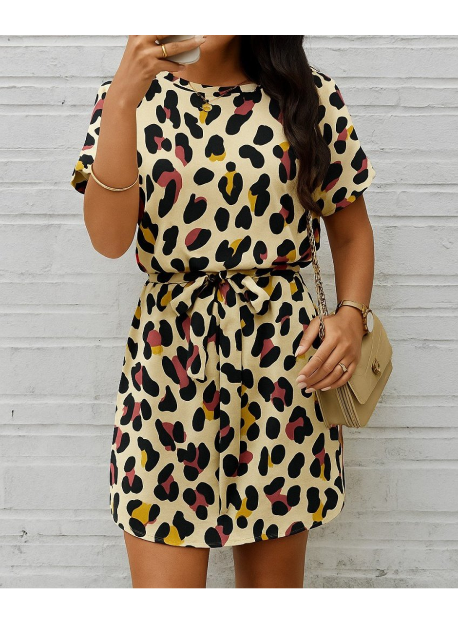 Kadın Kısa Kollu Yuvarlak Yaka Beli Kuşaklı Geometrik Desenli Süprem Elbise