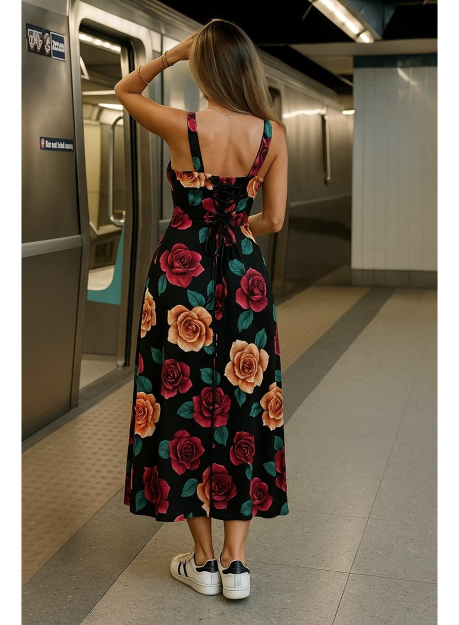 Kadın Askılı Geniş V Yakalı Sırttan Bağlamalı Yırtmaçlı Süprem Elbise