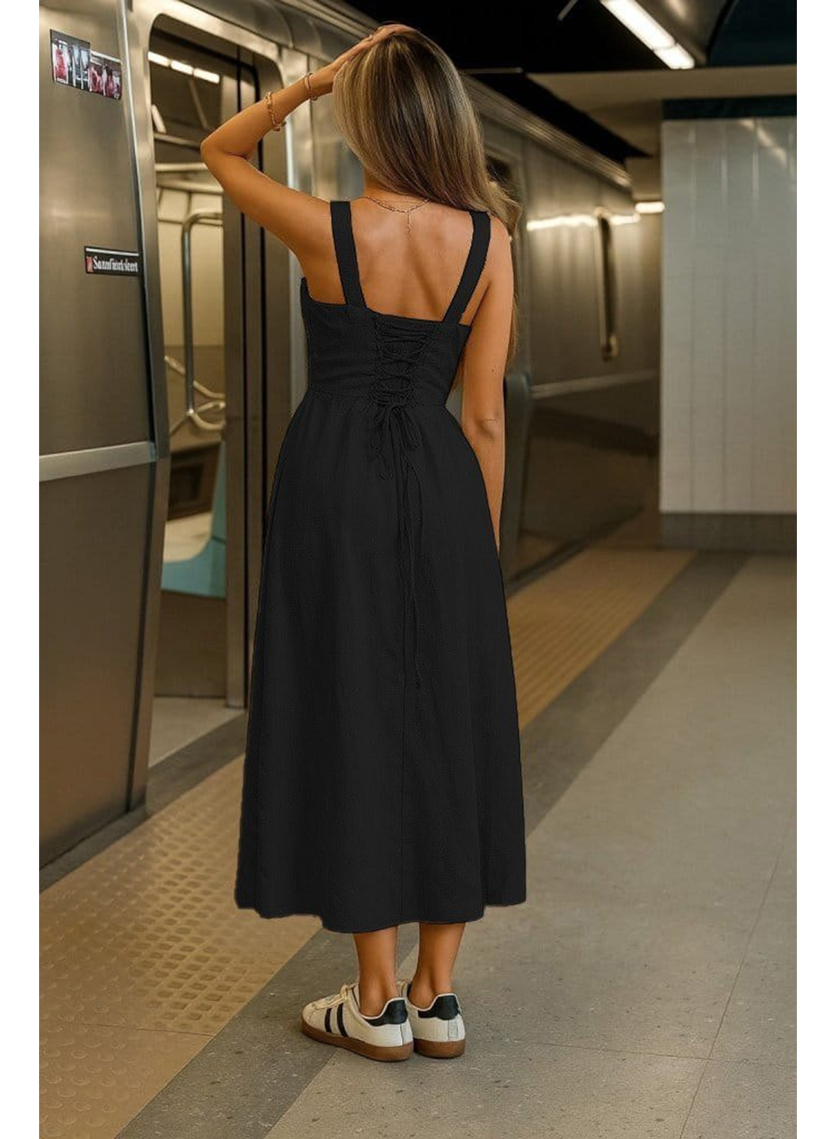 Kadın Askılı Geniş V Yakalı Sırttan Bağlamalı Yırtmaçlı Süprem Elbise