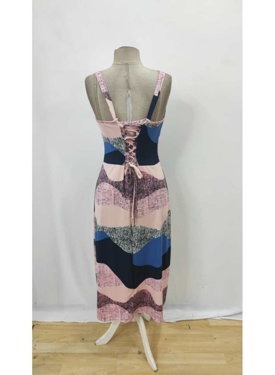 Kadın Askılı Geniş V Yakalı Sırttan Bağlamalı Yırtmaçlı Süprem Elbise