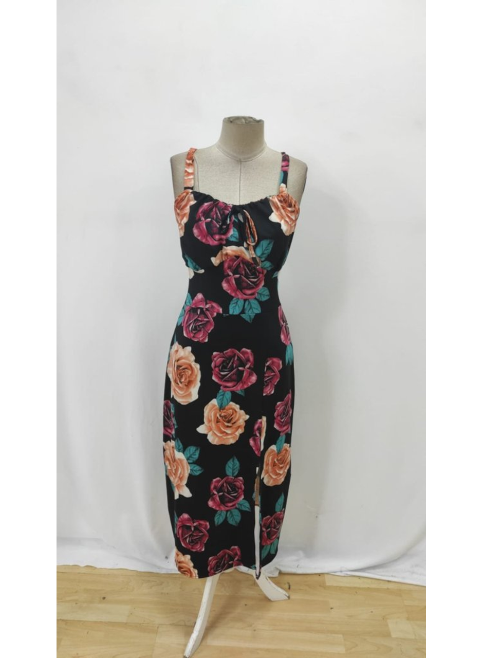 Kadın Askılı Geniş V Yakalı Sırttan Bağlamalı Yırtmaçlı Süprem Elbise