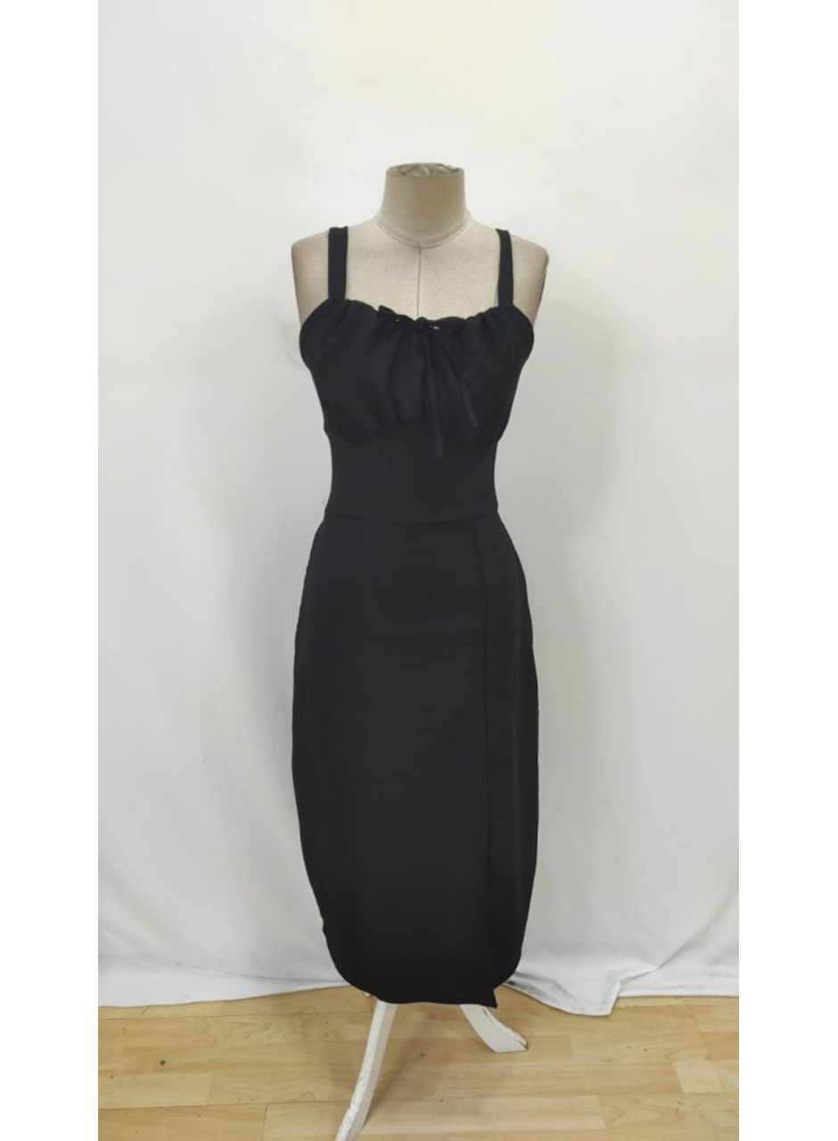 Kadın Askılı Geniş V Yakalı Sırttan Bağlamalı Yırtmaçlı Süprem Elbise