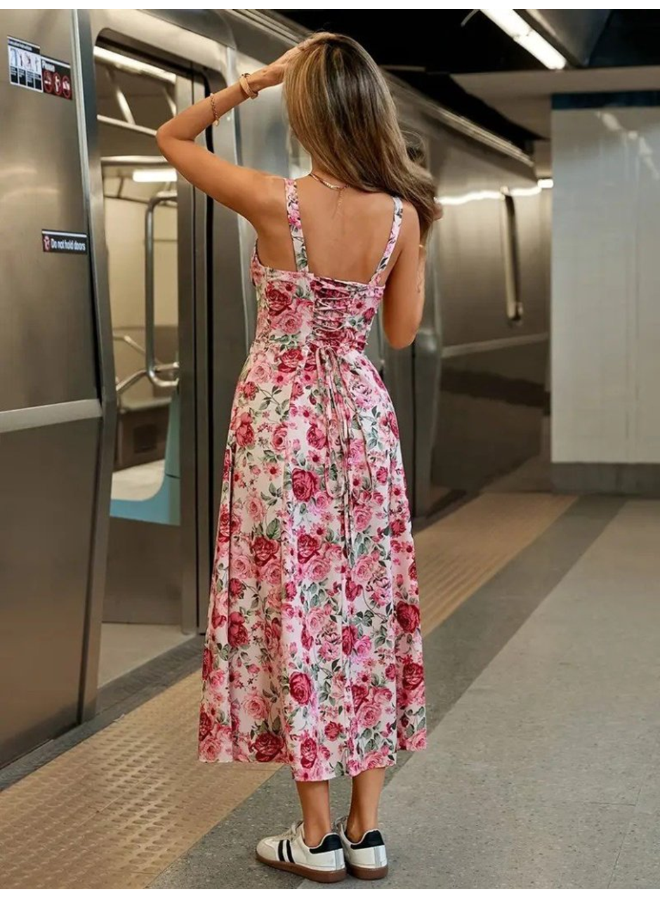 Kadın Askılı Geniş V Yakalı Sırttan Bağlamalı Yırtmaçlı Süprem Elbise