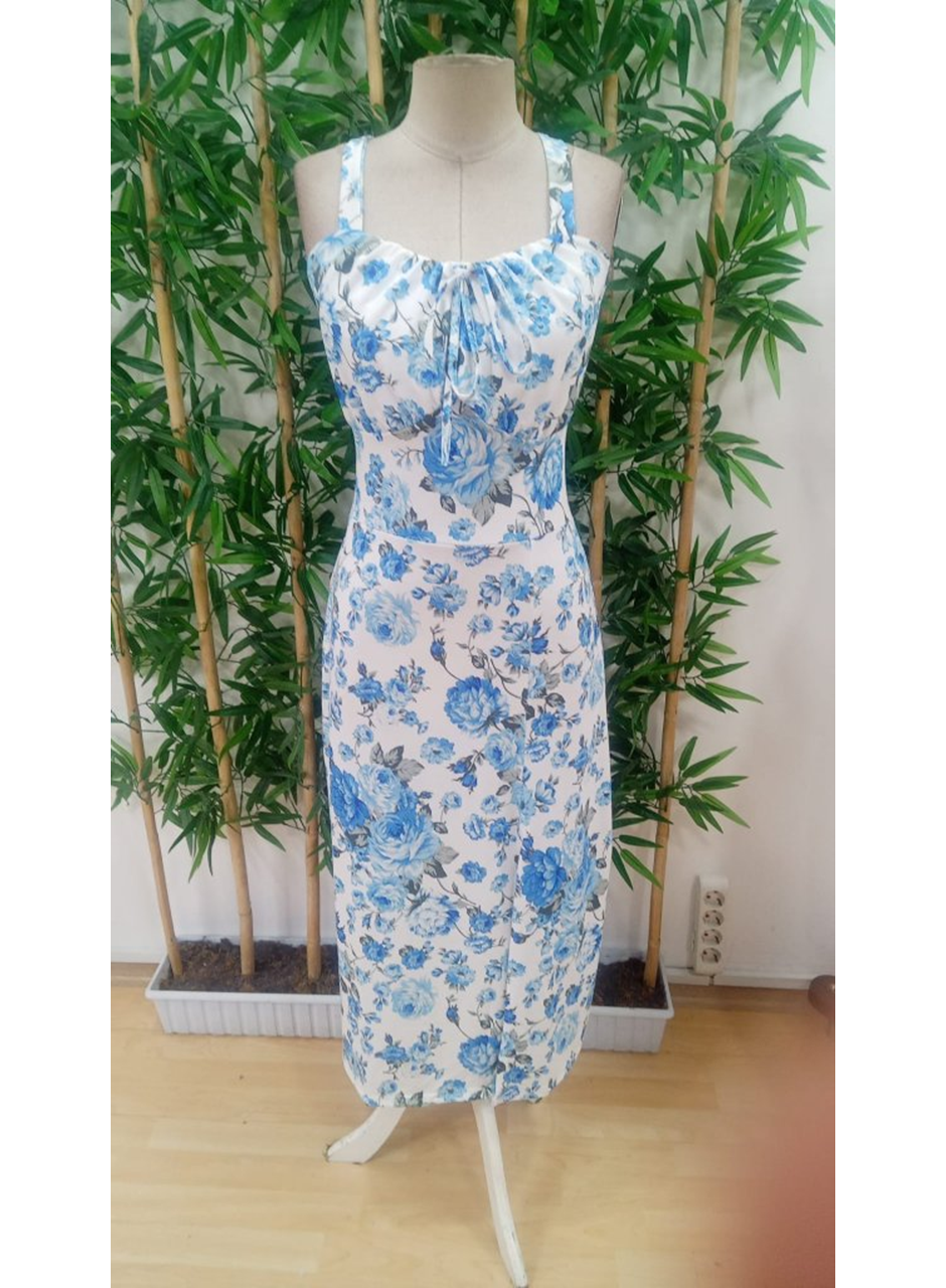 Kadın Askılı Geniş V Yakalı Sırttan Bağlamalı Yırtmaçlı Süprem Elbise