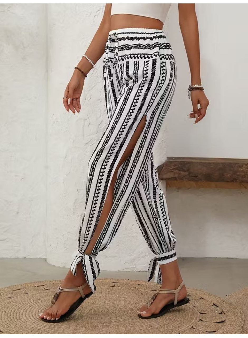 Kadın Yüksek Bel Desenli Paçadan Bağlamalı Yanları Yırtmaçlı Süprem Pantolon